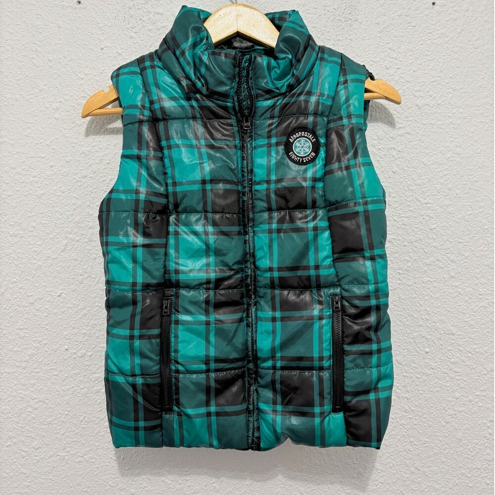 y2k Aeropostale Plaid Puffer Vest 2010s Preppy Prep Teal Black Outdoor